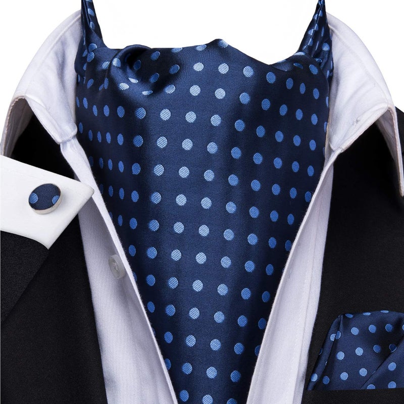 Dubulle Navy Blue Dots Ascot for Men Self Tie Mens Cravat and Pocket Square Cufflinks Wedding - Image 2
